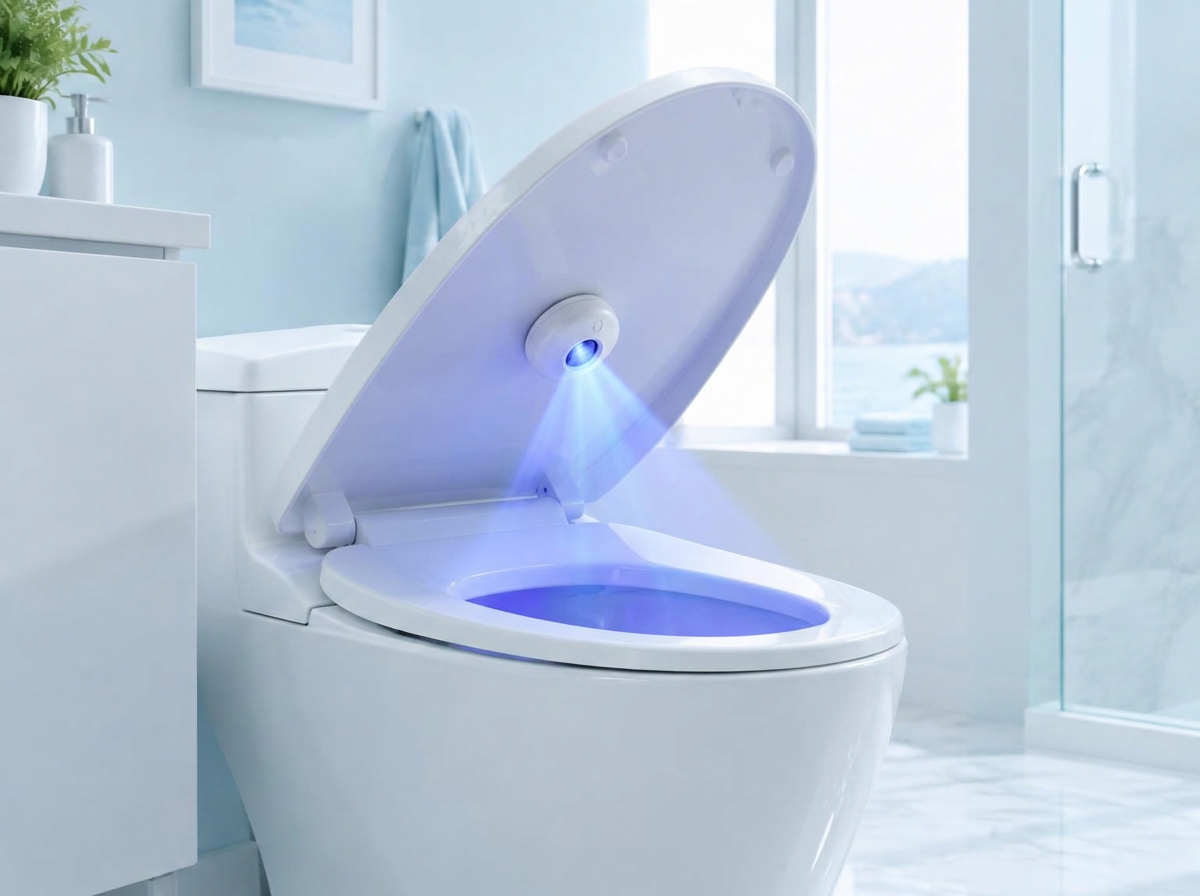 Stérilisateur UV Zéphir fixé sous le couvercle de toilettes blanches, émettant une lumière bleue
